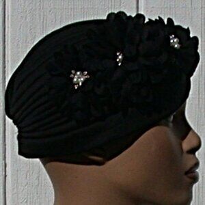 Women's Slip On Hat Flower Turban Hijab Cap Black